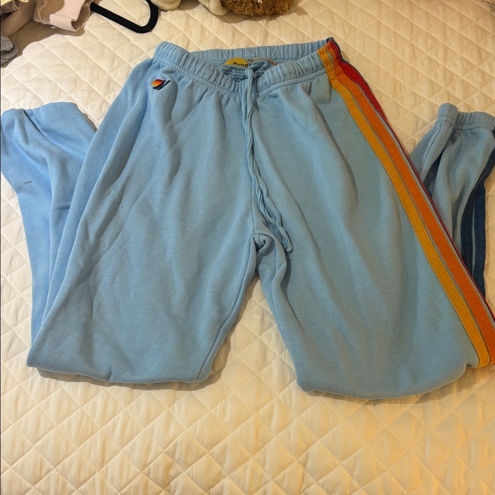 Aviator Nation Sky Blue Sweatpants with Rainbow Stripe